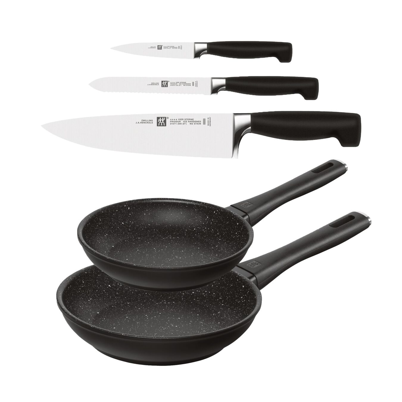 Henckels 3pc Four Star Knife Set & 2pc Marquina Frypan Set