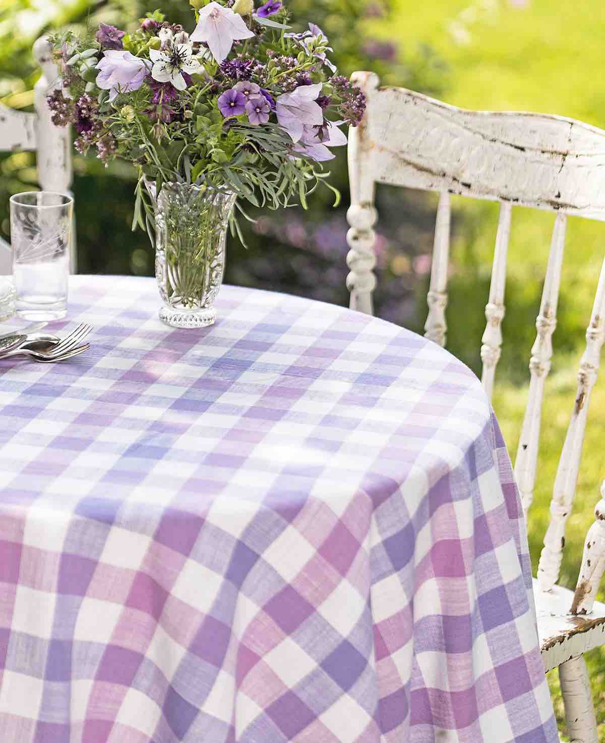 April Cornell Table Cloth 88" Round | Lilac Plaid Lavender