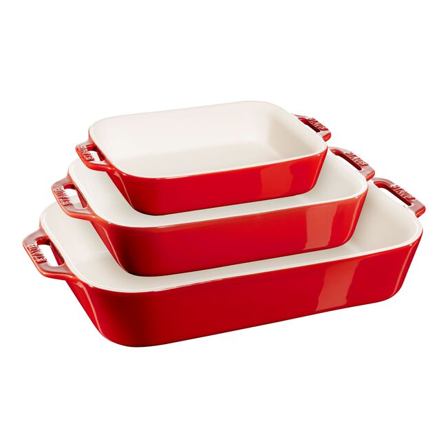 Staub Ceramic Rectangular Baking Dishes | Set of 3 | Cherry