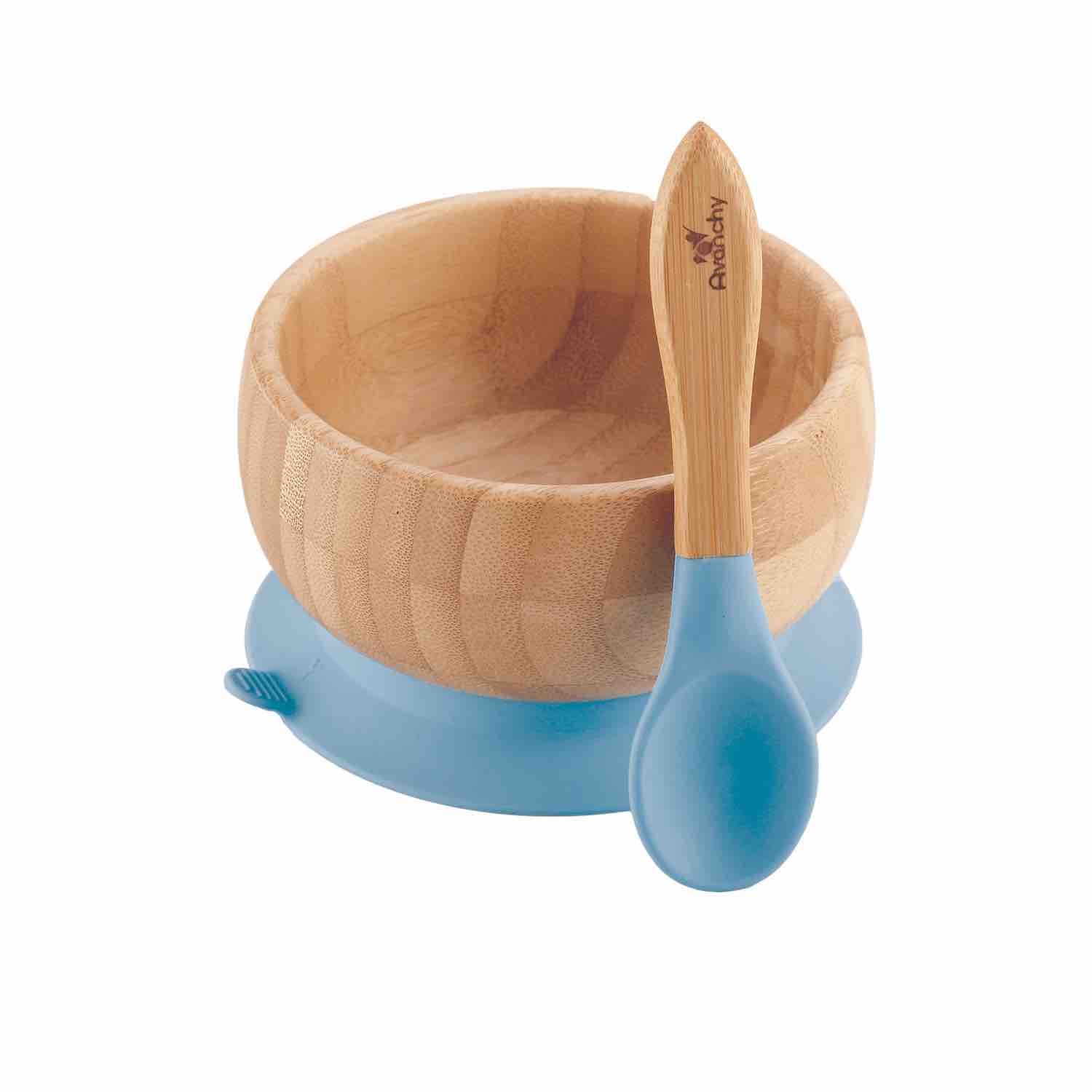 Avanchy Stay Put Baby Bamboo Suction Bowl & Spoon | Blue