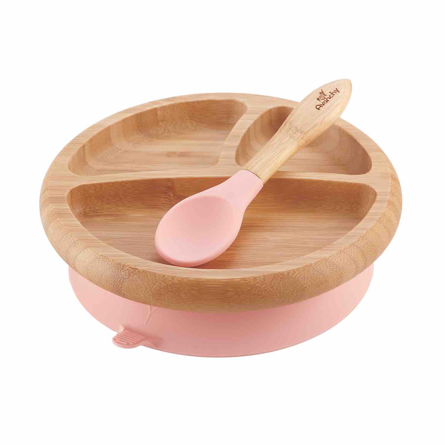 Avanchy Stay Put Baby Bamboo Suction Plate & Spoon | Pink
