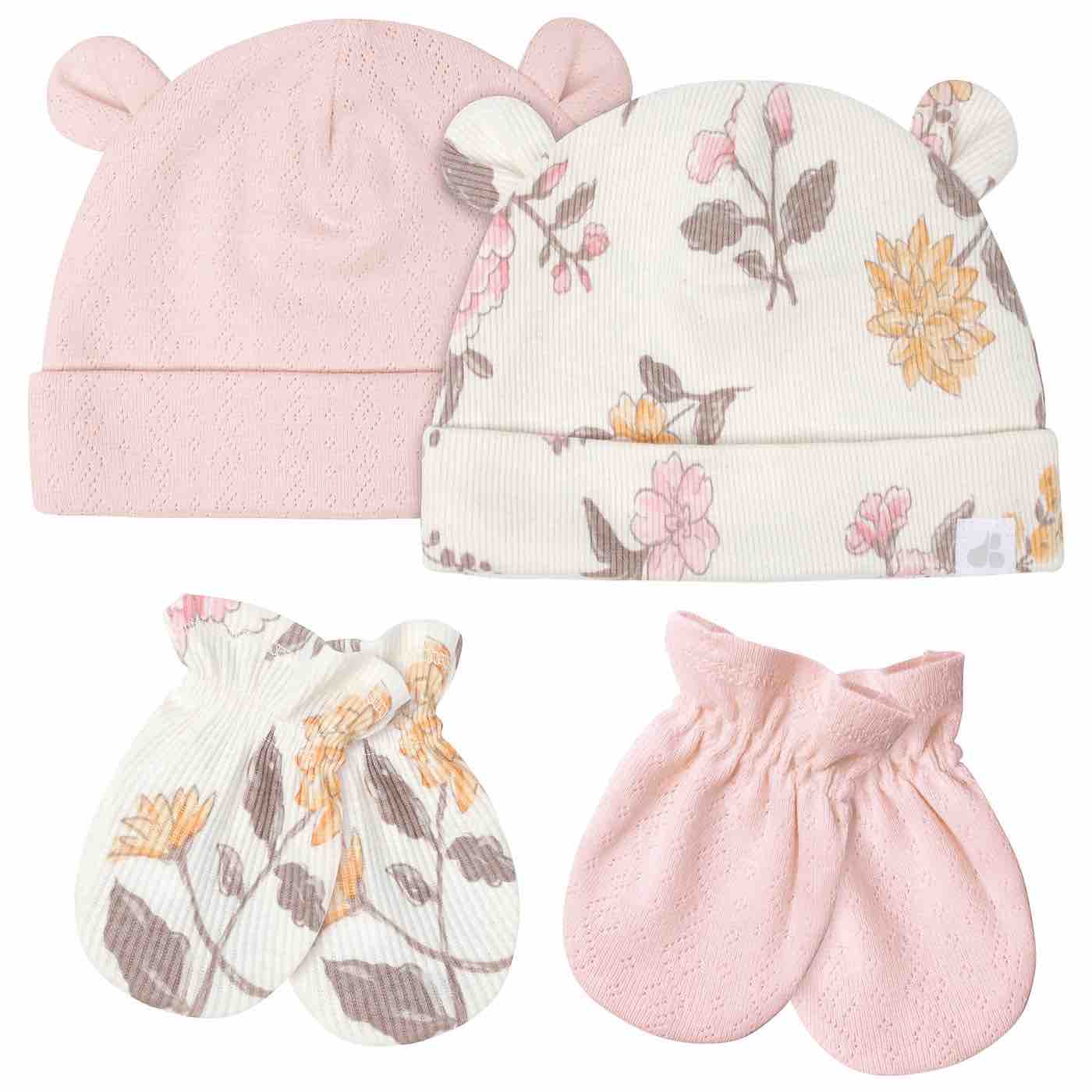 Just Born 4pc Baby Girls Vintage Floral Caps & Mittens Set