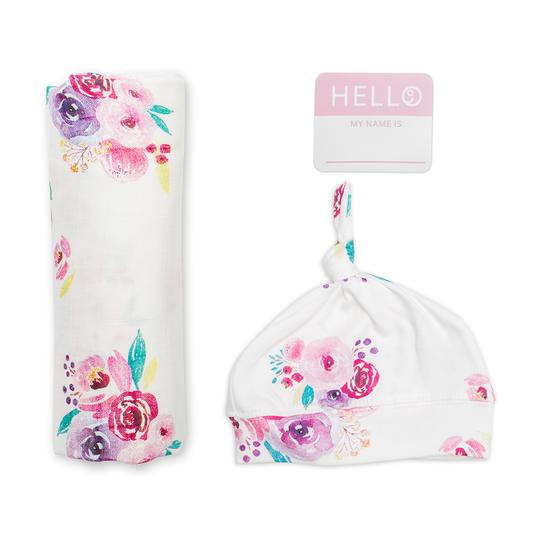 Lulujo Hello World Newborn Hat & Swaddle Set | Posies