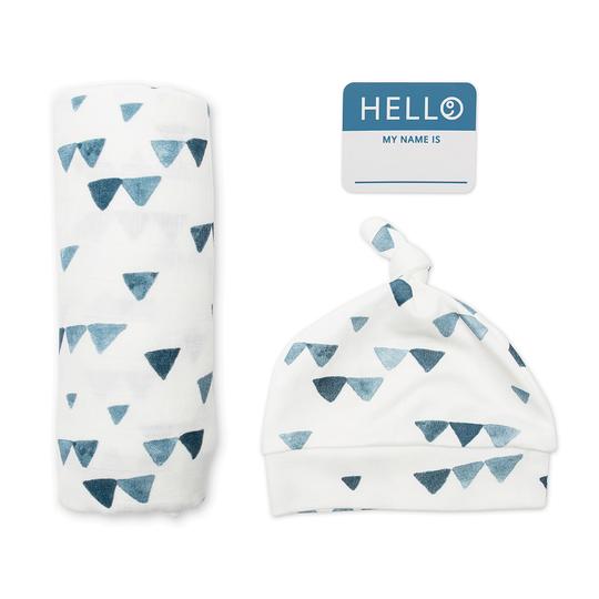 Lulujo Hello World Newborn Hat & Swaddle Set | Navy Triangles